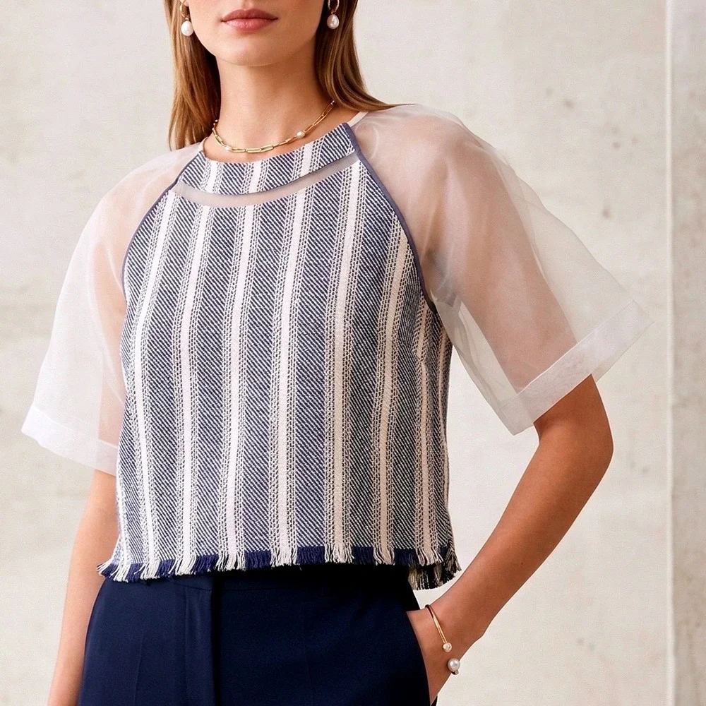 Greylin Anthropologie Boho Linen Cotton Crop Top M Sheer Sleeves Organza Coastal - Picture 11 of 11